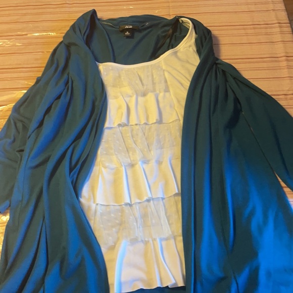 AGB SWEATER Cardigan blouse  TEAL CARDIGAN WITH WHITE INSERT MEDIUM - Picture 5 of 8
